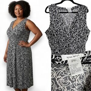 Nine West Black & White Abstract Swirl Midi Dress XL Career Office Minimalist